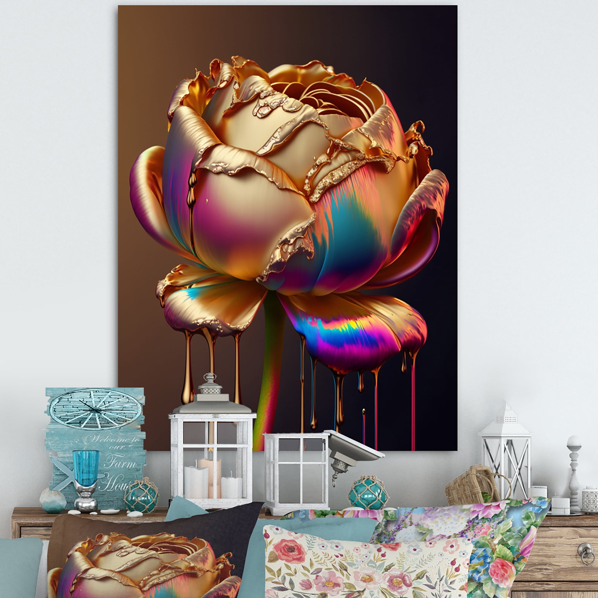 Designart Rainbow Peony Liquid Gold Drips Hyper II Canvas Wall Art