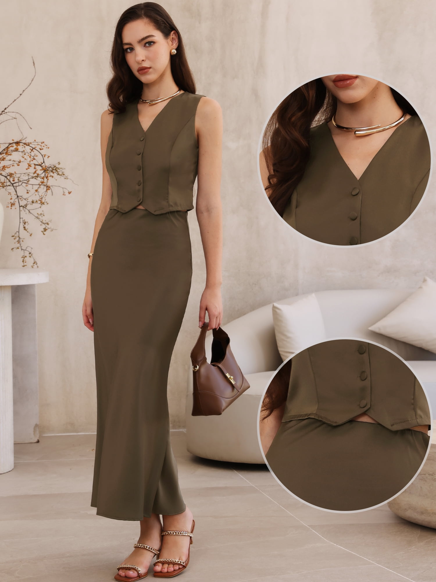 DARING DIVA Women's Satin 2 Piece Maxi Skirt Set Button V Neck Vest Tops Long L Brown
