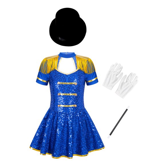Sinleey Kids Girls Ringmaster Circus Outfit Short Sleeve Sequin Tutu Dress + Hat + Magic Wand + Gloves Royal Blue 6