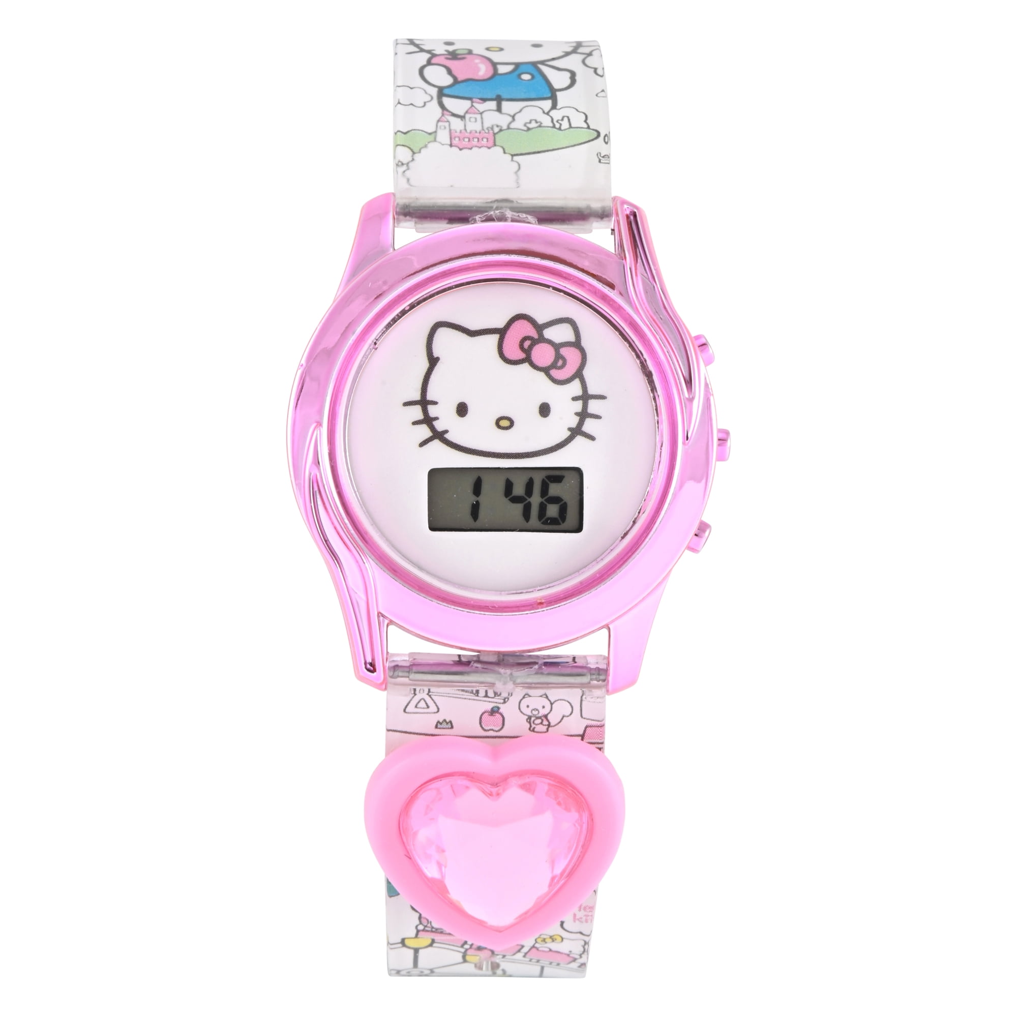 San Rio Hello Kitty Girls White Printed Silicone Strap Watch With Slide On Heart Charm; HK4255WM