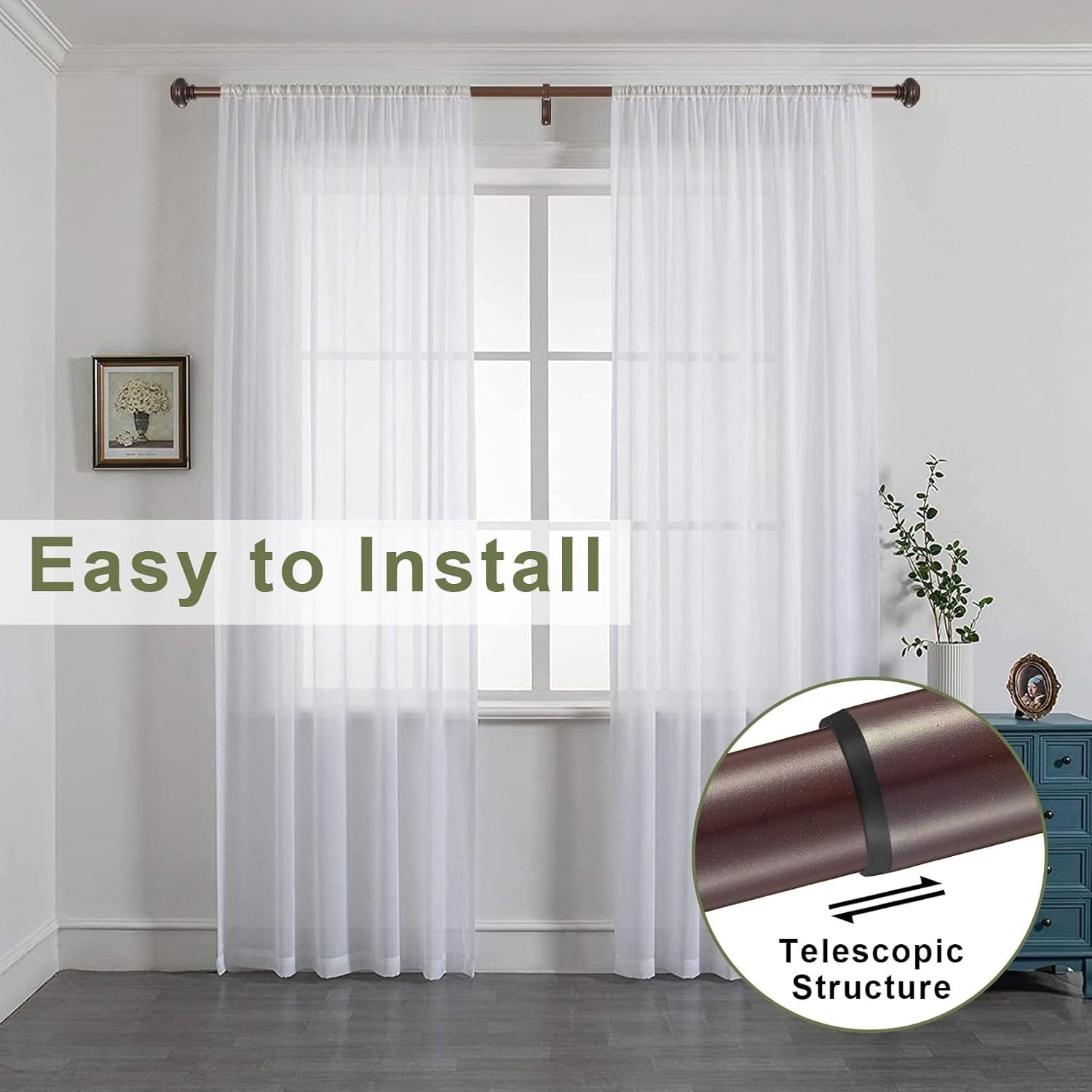 72-144 Inches Curtain Rods for Window, 1 Inch Diameter Drapery Rod with Resin Finials, Ideal Adjustable Heavy Duty Single Curtains Rod for Bedroom, Living Room Decoration, Matte Brown