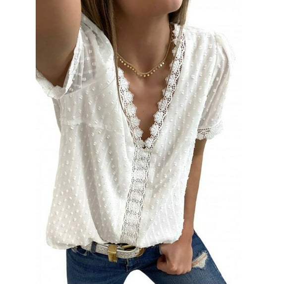 Qmyliery Women Loose Jacquard T-shirt, Adults Casual Solid Color Short Sleeve V-neck Lace Shirt