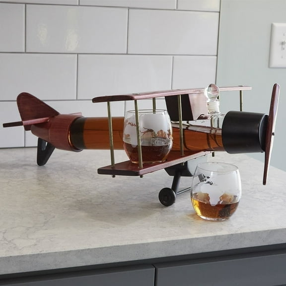 Deluxe Sporty's Aviation Gifts Biplane 62oz Wooden Decanter Glass Set, 2 Included Glasses