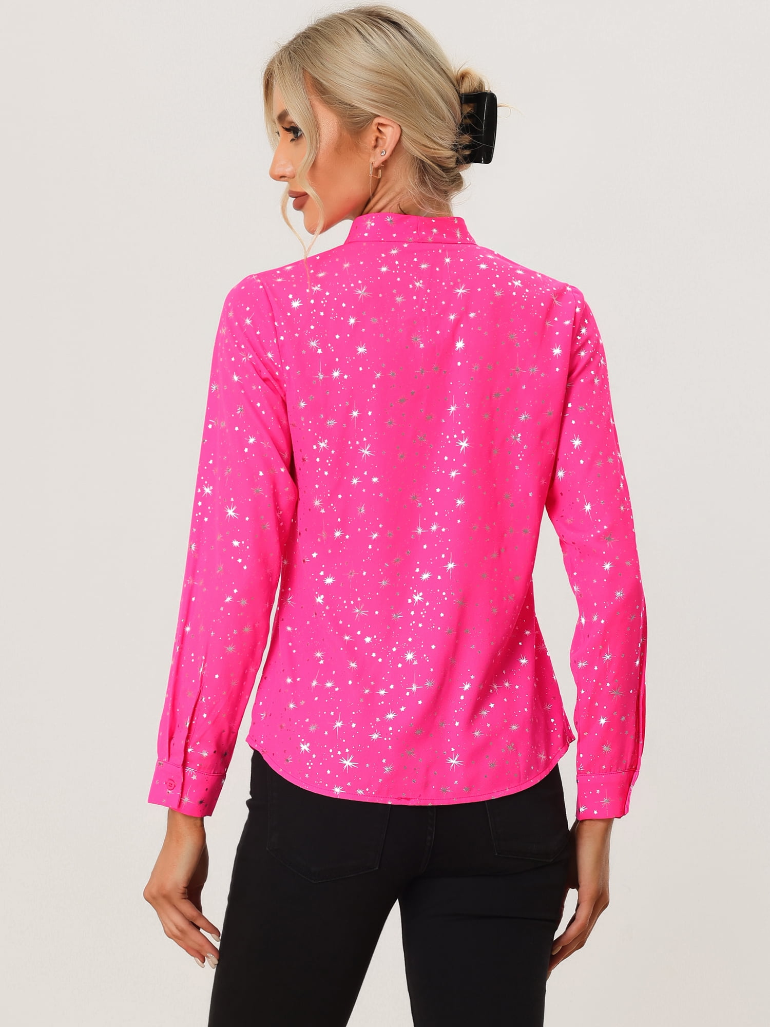 DARING DIVA Stand Collar Metallic Dots Stars Blouse Top S Pink