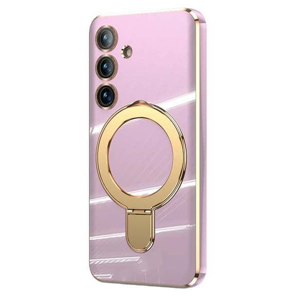 ELEHOLD for Samsung Galaxy S24 Plating Magnetic Case Slim Thin Shockproof with Metal Ring Holder Folding Kickstand All-Inclusive Lens Protection Mag Safe Compatible Protective Cover,lightpurple