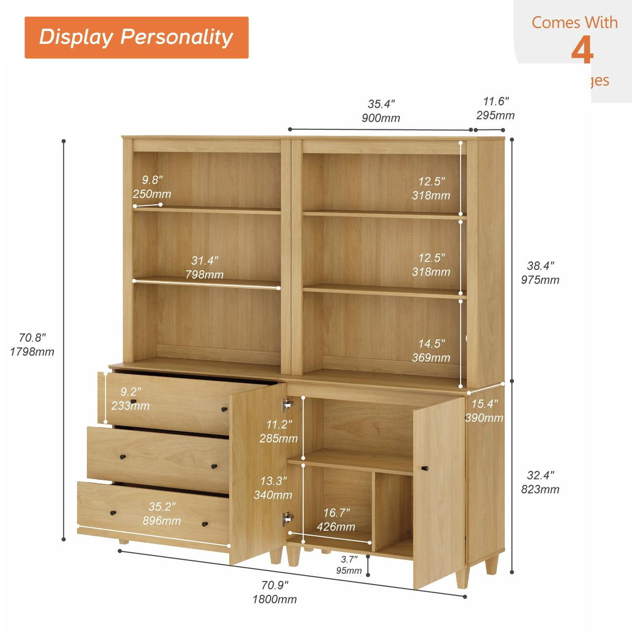 WAMPAT 71" Tall Bookshelf Set of 2, 5-Tier Modern Storage Bookcases with 1 Cabinet and 3 Drawers, Large Wooden Bookcases for Living Room, Oak Wood