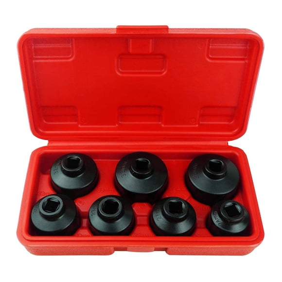 El juego de vasos para filtro de aceite de 7 piezas incluye 24 mm, 27 mm, 29 mm, 30 mm, 32 mm, 36 mm y 38 mm. Kit de herramientas de llave de tapa compatible con Mercedes Benz VW BMW y más carcasas es