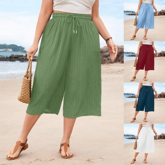 Miluxas Women's Plus Size Capri Pants Crinkle Pleated Wide Leg Palazzo Capris Elastic Drawstring Waist Casual Loose Lightweight Cropped Pants White