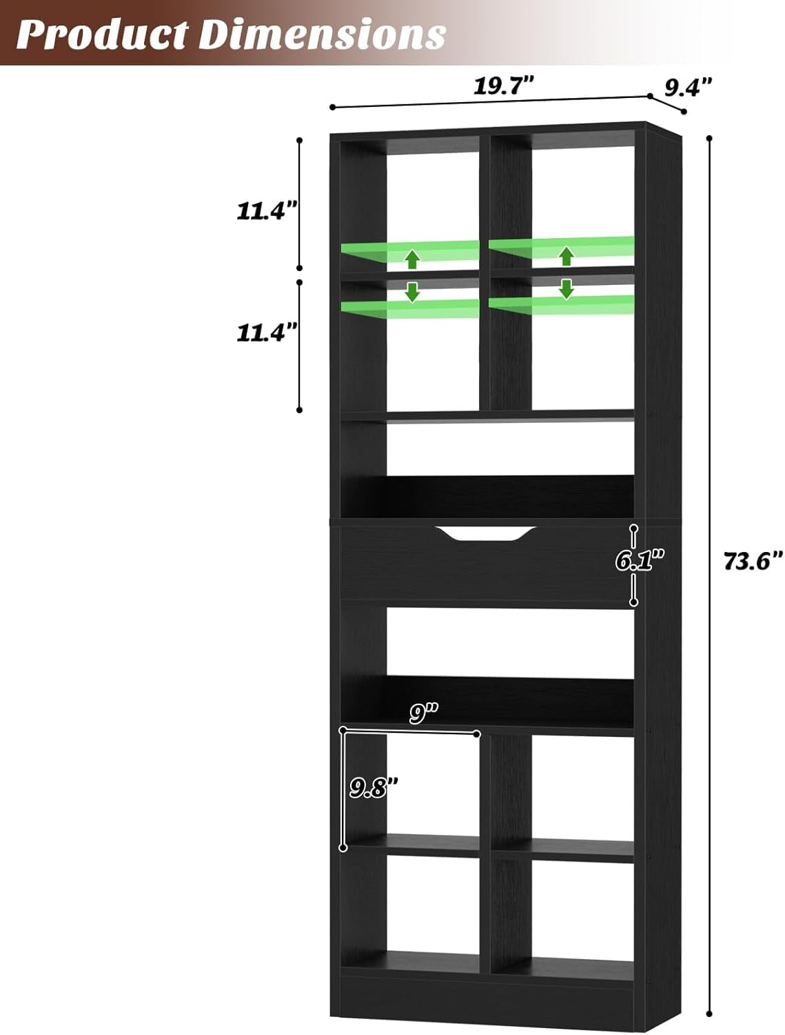 Homieasy 73.6''Tall 10-Cube Bookcase with Drawer and Adjustable Shelves(2-Piece Set), Black
