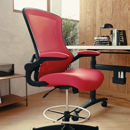 Flash Furniture - Mid-Back Mesh Ergonomic Drafting Chair with Adjustable Foot Ring and Flip-Up Arms - Red Mesh