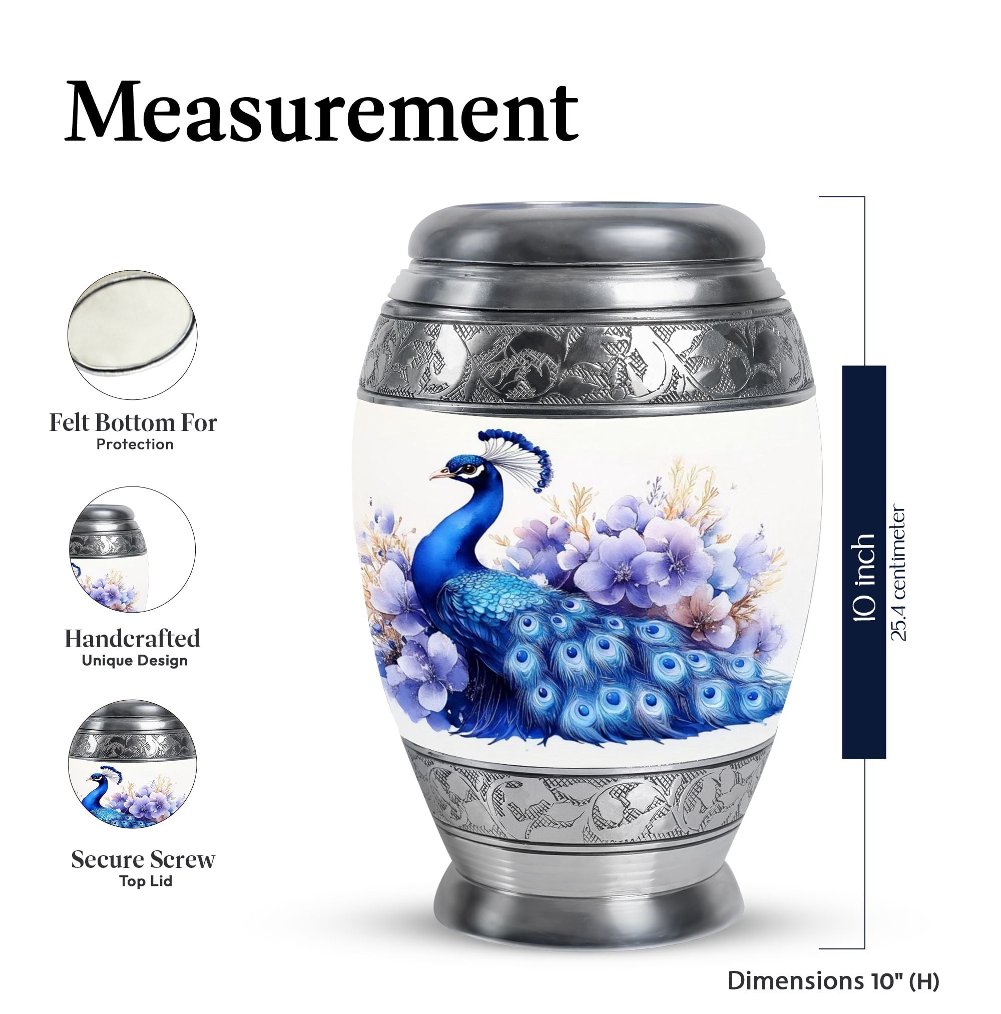 KARYLIZ Peacock Urns For Human Ashes Adult Man - Cremation Urns For Human Ashes - Purple Flowers Large Funeral Urn for Male With Velvet Bag - Blue Memorial Urn For Of Mom 10 Inch