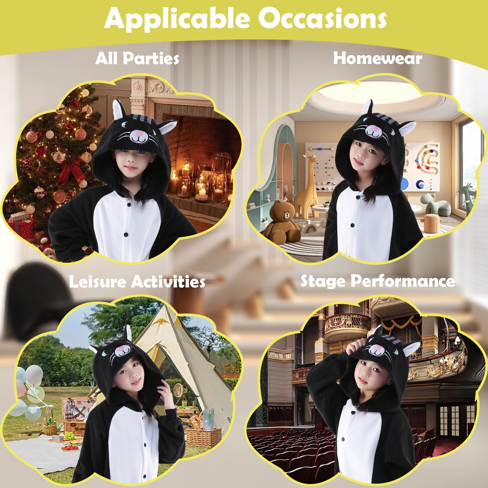 Cat Onesie Kids CANASOUR Black Cartoon Animal Pajamas Polyester Suit for Girls and Boys 10-12 Years