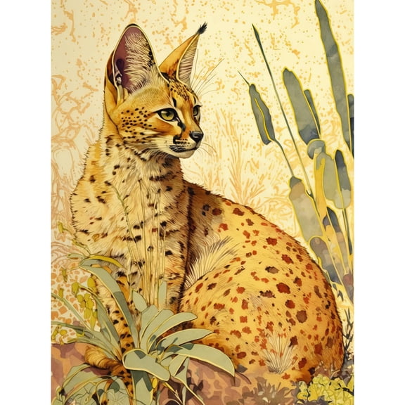 Serval Cat in Nature Detailed Watercolour and Ink Bright Illustration Unframed Wall Art Print Poster Home Decor Premium