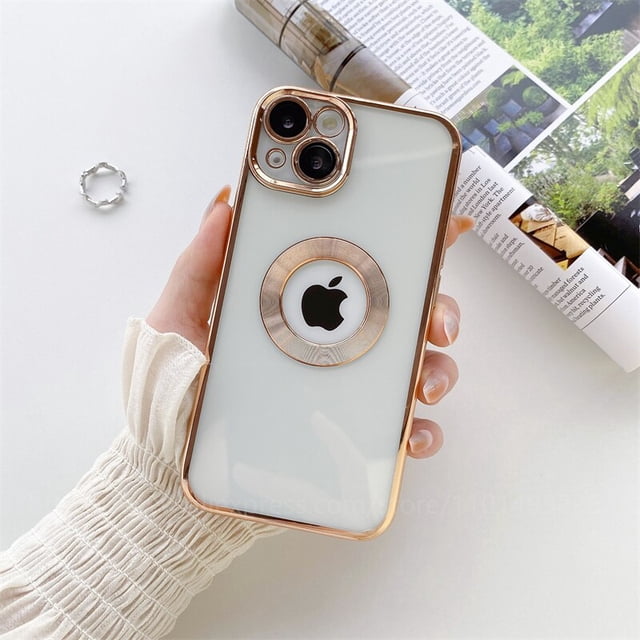 Funda de teléfono con agujero de logotipo chapado en oro de lujo para iPhone 14 13 12 Pro Max 11 XS 7 8 Plus, protección de cámara con logotipo transparente de silicona suave Tan Jianjun unisex