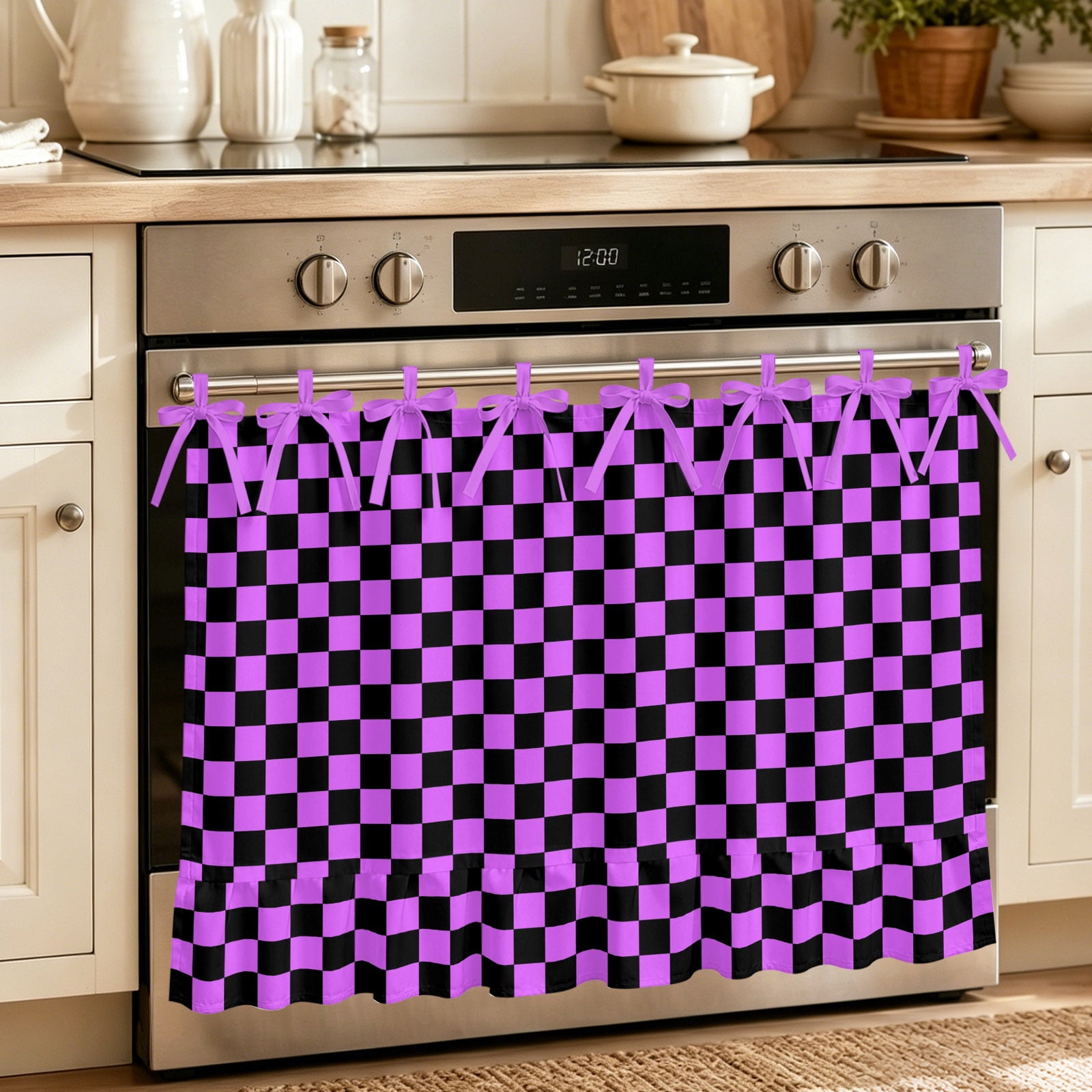 Purple Black Plaid Oven Skirt for Farmhouse Kitchen D&eacute;cor Farmhouse Rustic Abstract Checkered Oven Curtain Tie Top Decorative Stove Skirt Cabinet Dish Washer Curtains with 8 Ribbon Ties 32 x24
