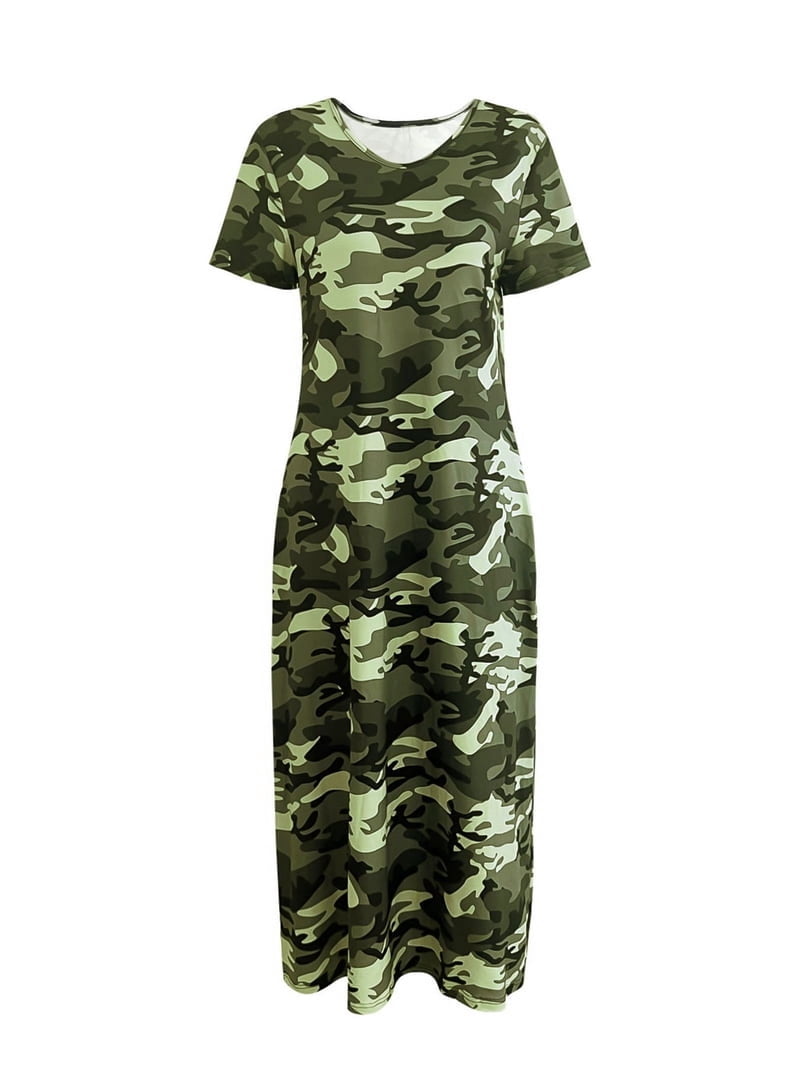 camo t shirt dress women GORGLITTER Women's Camo Camouflage Dress with Pocket Short Sleeve Round Neck Tunic Dresses Camouflage Sundress Green Small at Amazon Women's Clothing store