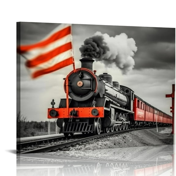 COMIO   Piece Canvas Wall Art Black and Red Steam Locomotive Train Poster Pritns Old Vintage Steam Engine Pictures Modern Home Decor Stretched and Framed Ready to Hang