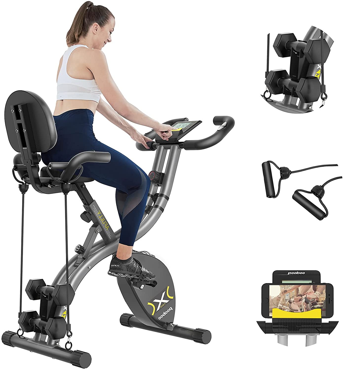 pooboo Folding Exercise Bike Indoor Cycling Bike Upright Stationary Bicycle X Bike with LCD Monitor 