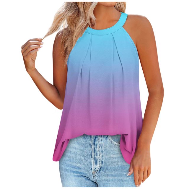 Timegard Womens Tank Tops Gradient Color Crew Neck Back Button Ruched Casual Sleeveless Tops Blouses