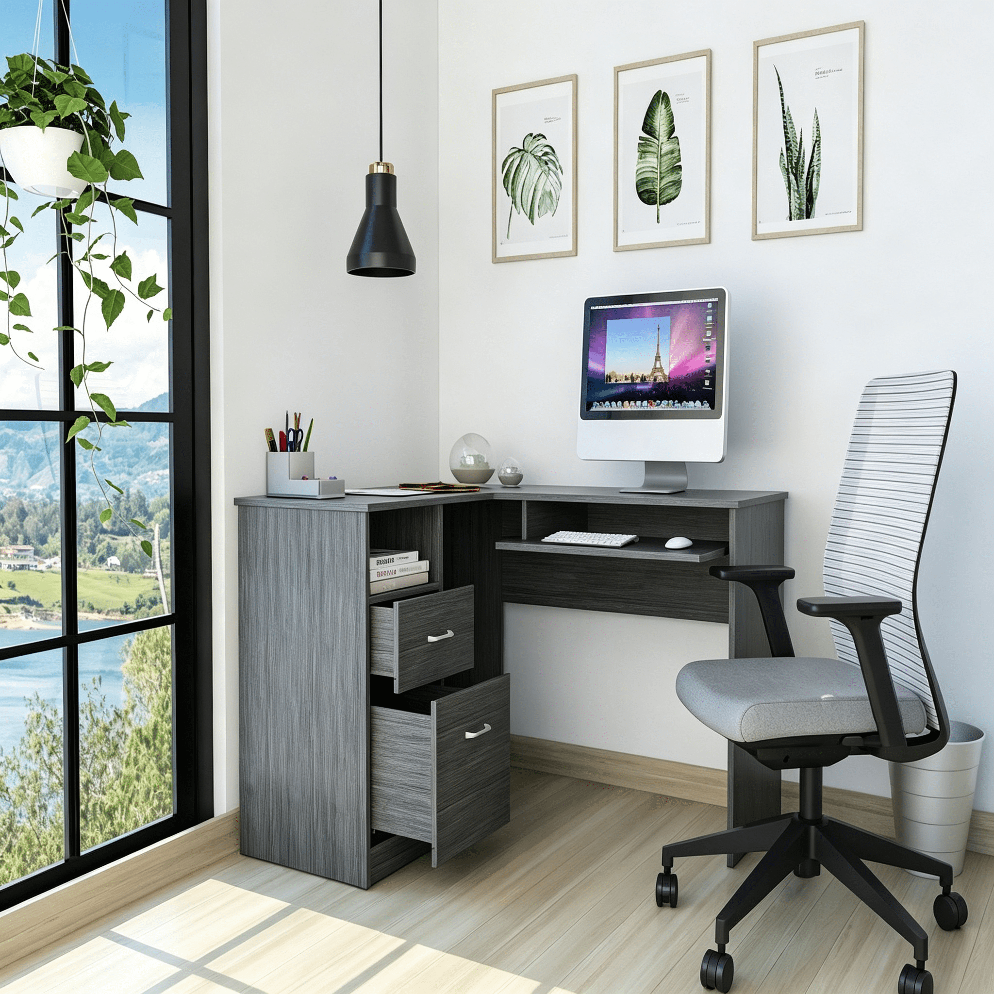 Asteroutdoor Smokey Oak L-Shaped Computer Desk with 2 Drawers and 1 Shelf