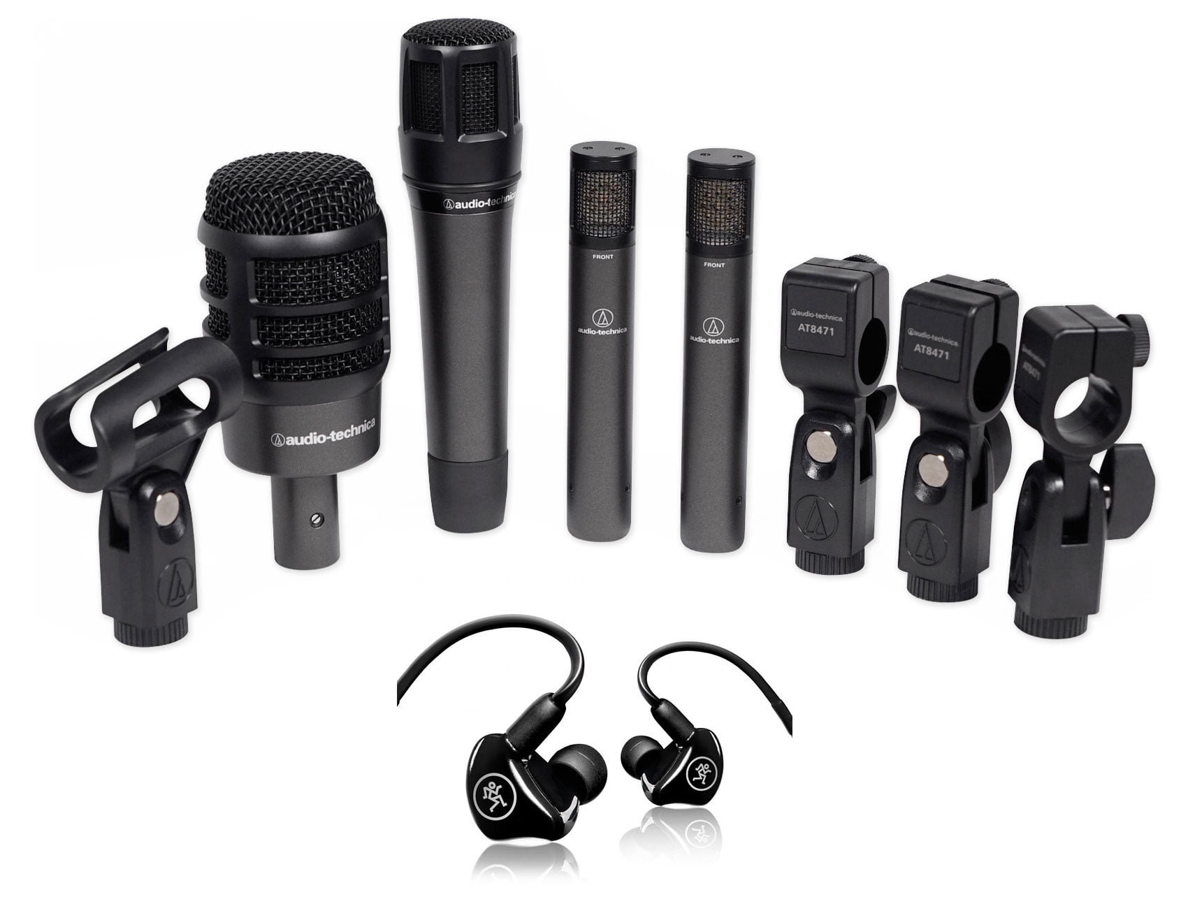 Audio Technica ATMDRUM4 Drum Microphone Kit w/(4) Mics+Mackie InEar