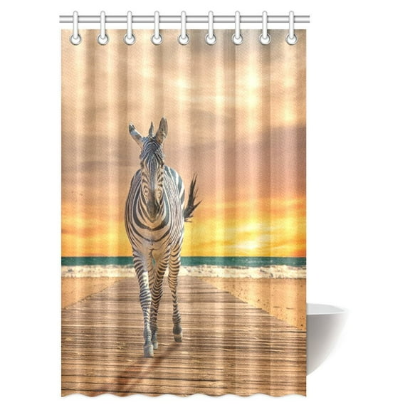 MYPOP Animal Decor Shower Curtain, Zebra Walking On Wooden Plank At Beach Fabric Bathroom Shower Curtain with Hooks, 48 X 72 Inches