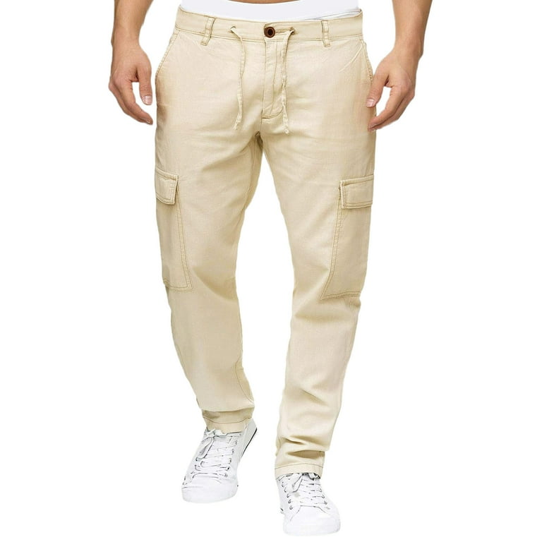 Men's Spring And Summer Solid Color Cotton And Linen Straight Tube With  Multiple Pockets With Zipper Cargo Pants Double Knee Men Cargo Pants with 