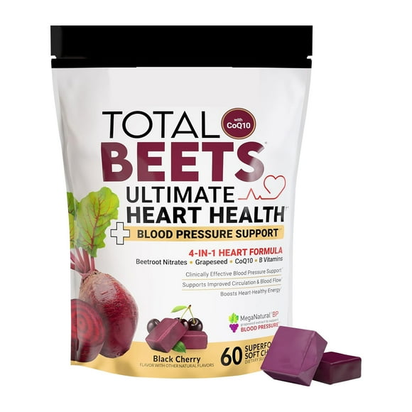 Total Beets Ultimate Heart Health Blood Pressure Support Chews with CoQ10, Beet Root Powder, Grape Seed Extract, Blood Pressure Supplement for Circulation & Blood Flow, 60 Soft Chews
