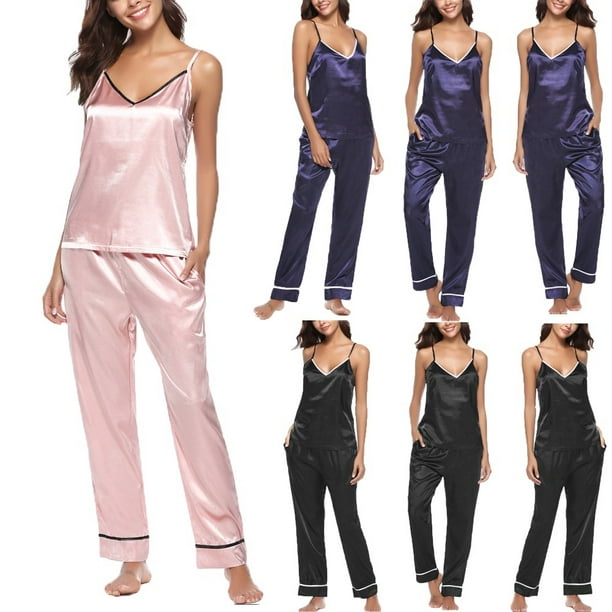 Hot Women Lady Silk Satin Pajamas Set Pyjama Sleepwear Nightwear