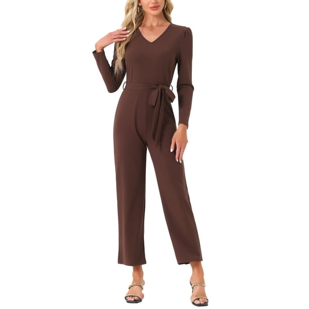 INSPIRAR CHIC Mono de Mujer con Cuello en V de Manga Larga, Cintura Ajustable, Pierna Ancha, Pantalones Largos, Elegante Mono de Punto M Café
