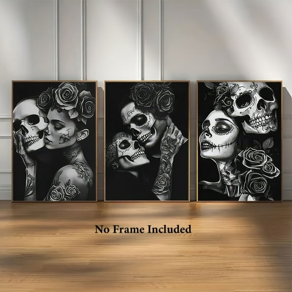 3pcs Gothic Skull and Rose Canvas Art Prints - Unframed, Black and White Wall Decor for Home, Office, Bar, Cafe, Classroom, Dormitory - Ideal for Halloween, Mother'S Day, Graduation, Gothic Home Dec