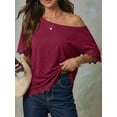 thumbnail image 4 of Women'S Summer Tops Oversized Short Sleeve Shirts Casual Loose Lace Patchwork T-Shirt Outfits Wine Red XL, 4 of 6
