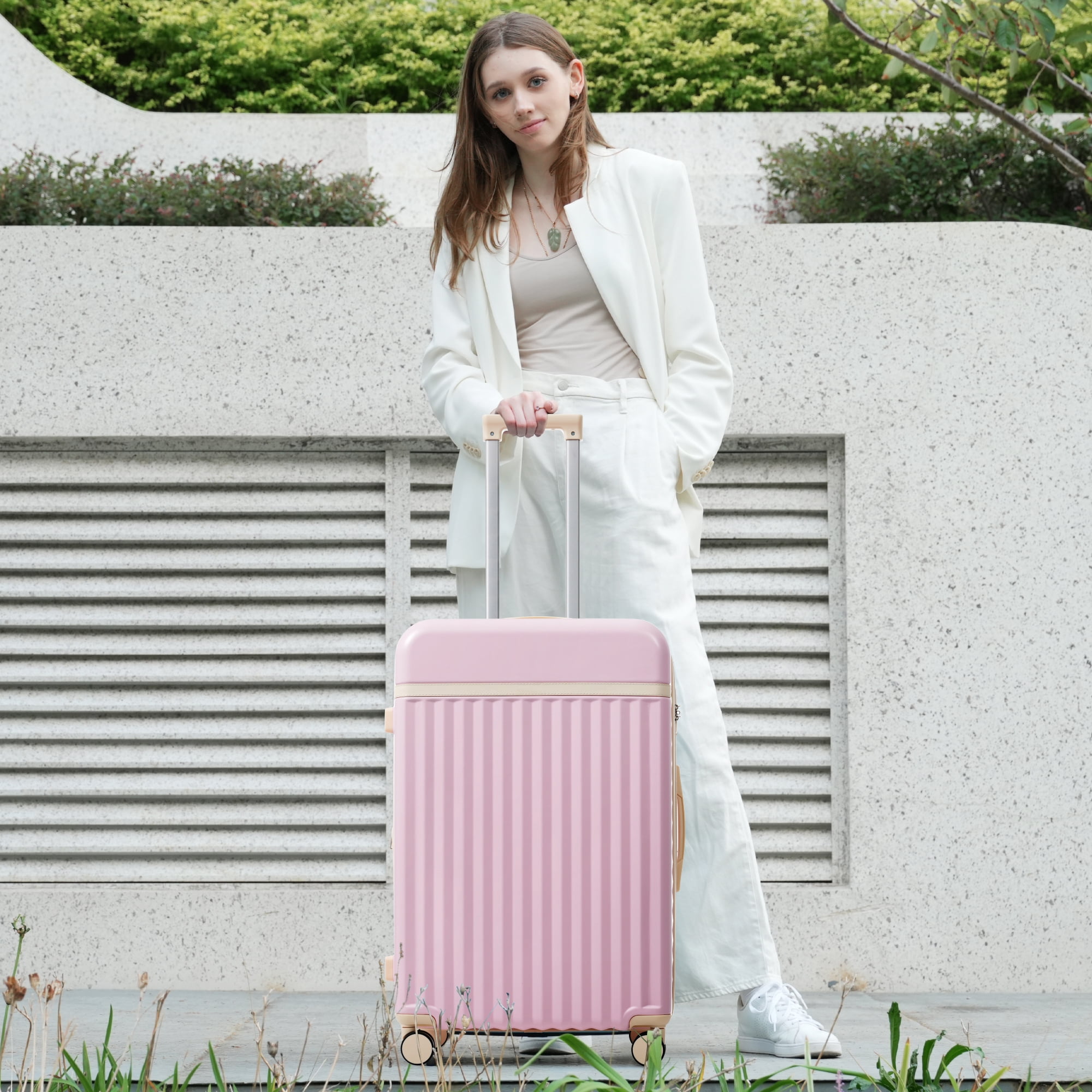 MAYEERTY 3-Piece Luggage Set: Front Opening 20" with USB Port+ Expandable 24" Hardside Suitcase + Tote Bag, Pink