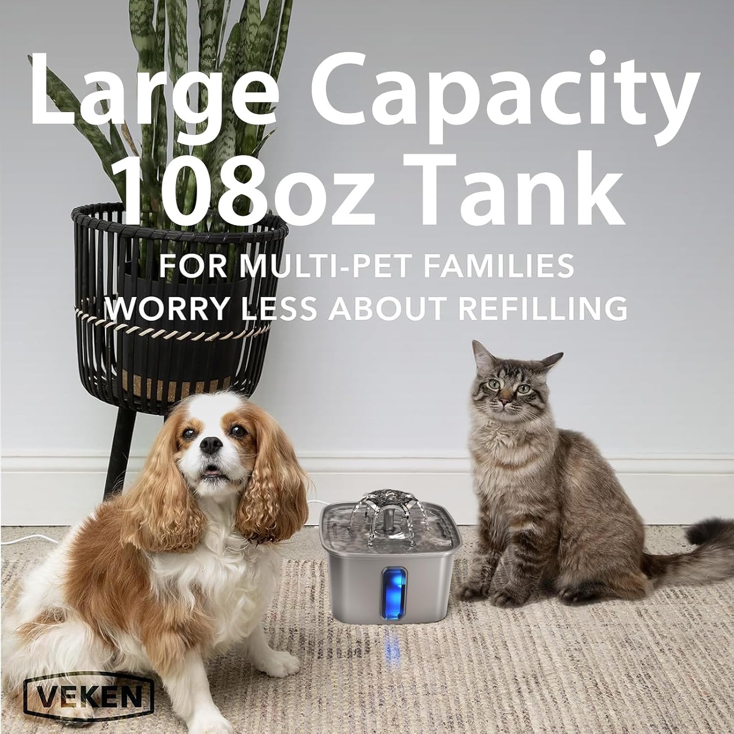 Innovation Award Winner Stainless Steel Cat Water Fountain, 108oz/3.2L Automatic Pet Fountain Dog Water Dispenser with 6 Replacement Filters & Silicone Mat for Cats, Dogs, Multiple Pets (Silver)