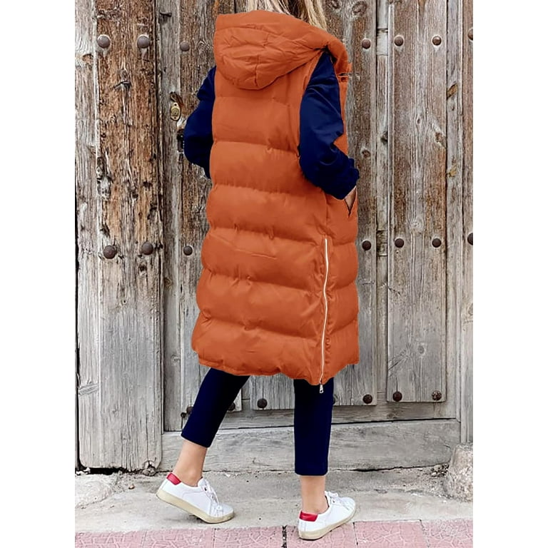 Kukuzhu Women s Hooded Long Down Vest Full Zip Sleeveless Puffer Vest Fashionable Coats Jacket Walmart