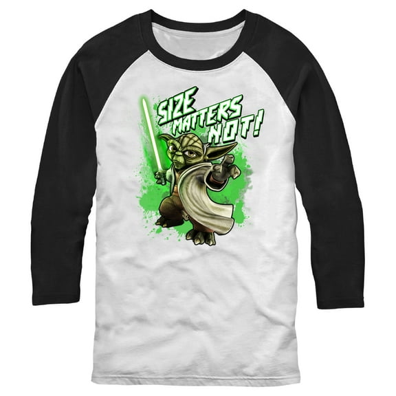 Men's Star Wars: The Clone Wars Clone Wars Yoda Size Matters Not Baseball Graphic Tee White/Black X Large