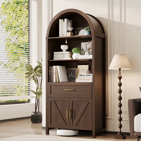 Rophefx 70.8" Tall Arched Cabinet,Walnut Wood Storage Bookcase Cabinet with Drawer,5-Tier Arched Bookshelf with Doors for Living Room, Kitchen,Offic,Bedroom