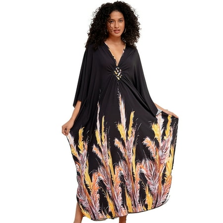 Sunforyou Plus Size Kaftan Dresses for Women Swimsuit Cover Up Feather Print Beach Dresses Maxi Caftan Moo Moos for Women