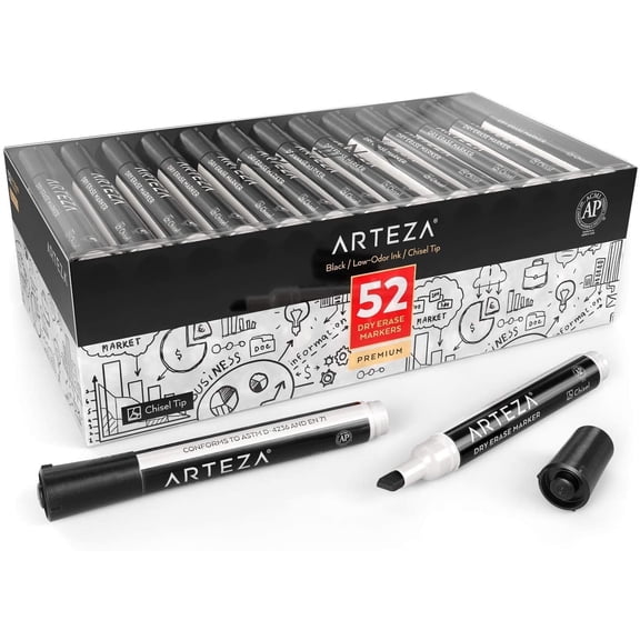 Arteza Dry Erase Markers, Chisel Tip, Black, 52 Count
