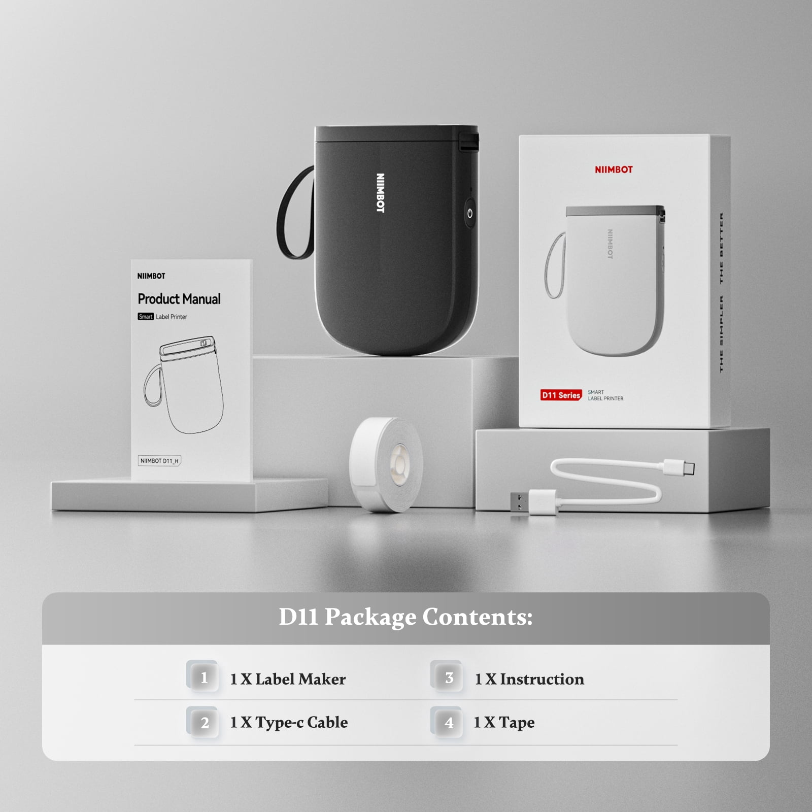 NIIMBOT D11 Upgraded HD 300 dpi Label Maker Mini Bluetooth Wireless Label Printer Inkless Labeler Rechargeable（Black)