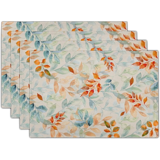 Ensemble de 4 Sets de Table Feuilles d'Automne, 12x18 Pouces Couleur Dégradée Vert Orange Rustique Récolte d'Automne Résistant à la Chaleur Lavable pour Décoration de Table de Fête à la Maison