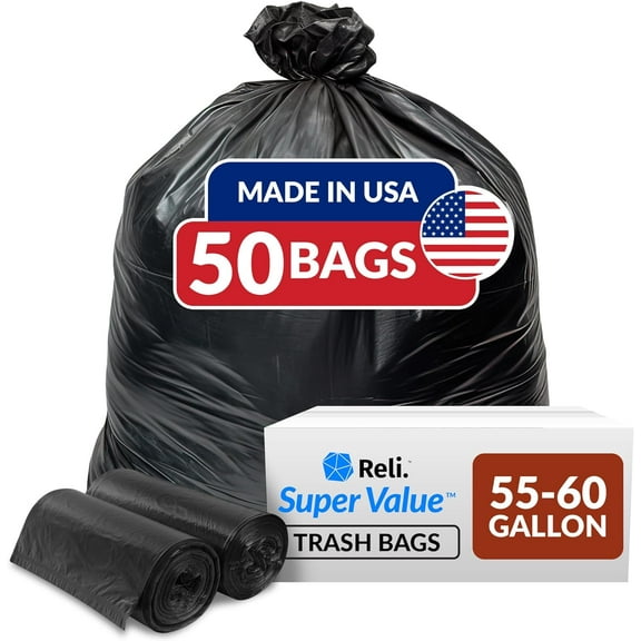 Reli. 55-60 Gallon Trash Bags Heavy Duty | 50 Bags | 50-60 Gallon | Large Black Garbage | Made in USA
