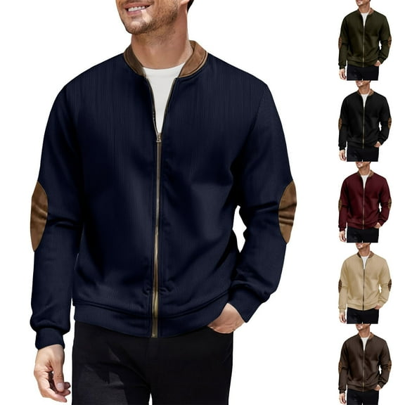 qolati Mens Bomber Jackets Lightweight Corduroy Fall Sweatshirt Jacket Full Zip Ribbed Knit Sweater Jacket Varsity Coat XXL