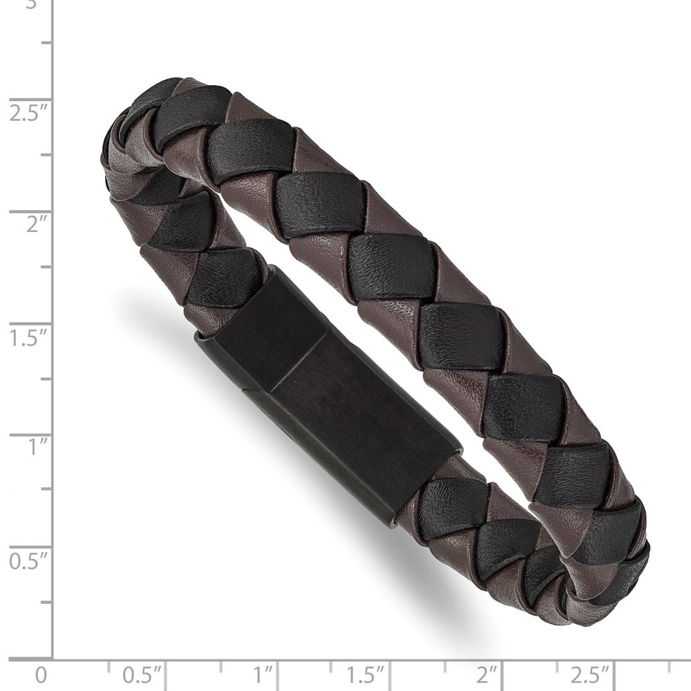 Diamond2Deal Stainless Steel Brushed Black IP-Plated Black and Brown Leather Bracelet for Men 8.25"