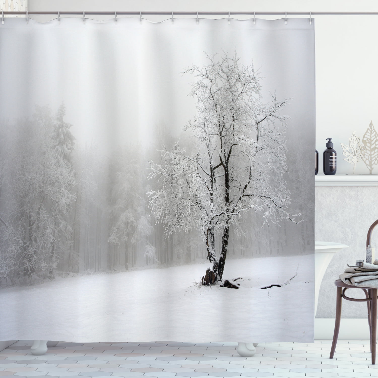 Blue White Winter Snow Park Bench Birds Christmas Holiday Home Shower Curtain 