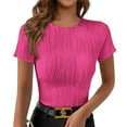 thumbnail image 4 of JUUYY Women's Textured Tops Short Sleeve Blouse Crewneck Shirts Solid Tunic Summer Basic Tees Work Loose Casual Outfits Hot Pink XXL, 4 of 8