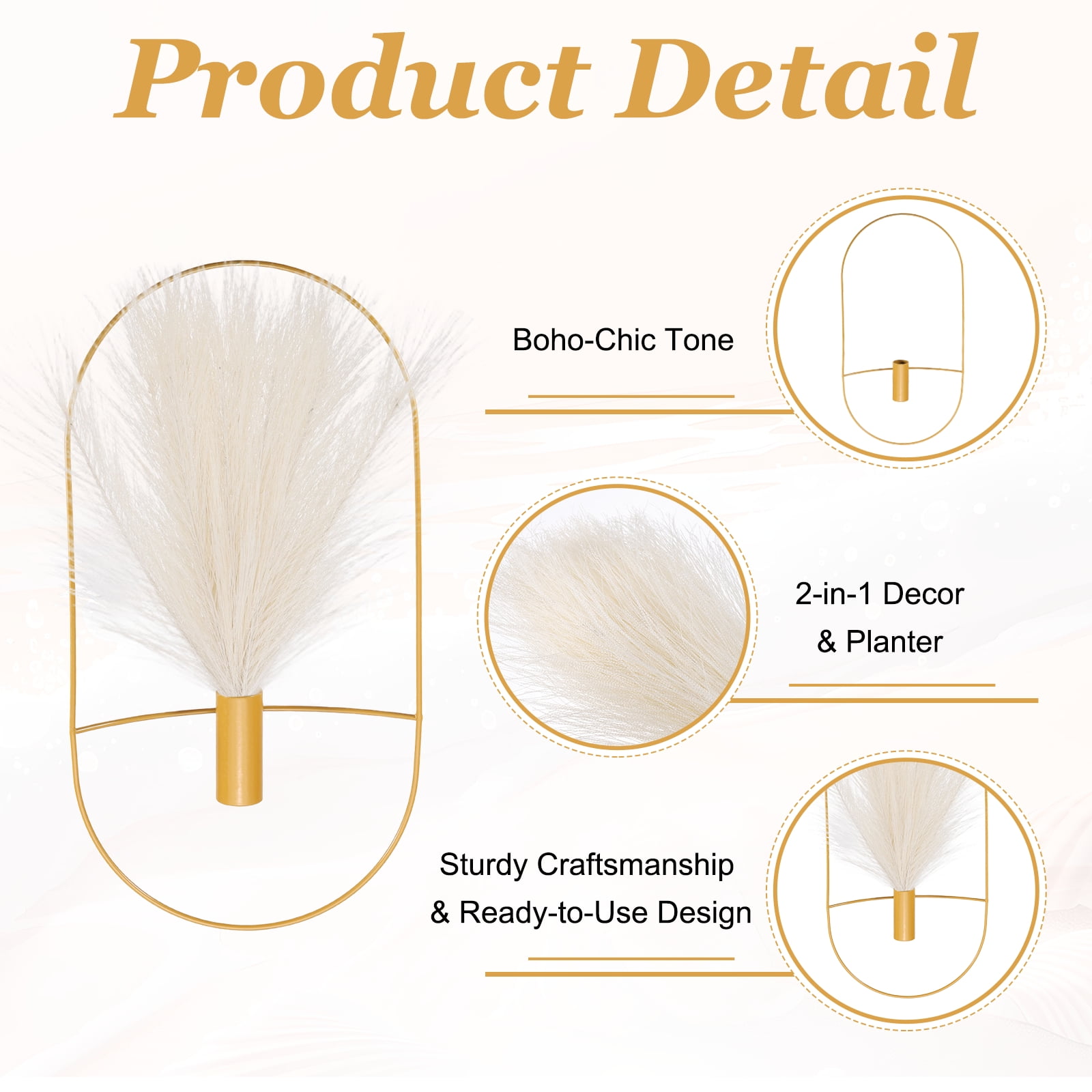Uxcell 4 Pcs Wall Decor Metal Gold Wall Art Hanging Planters with Artificial Pampas, Wall-mounted Decor Metal for Display Artwork Plant Hanging Living Room Bedroom, Beige (Oval)