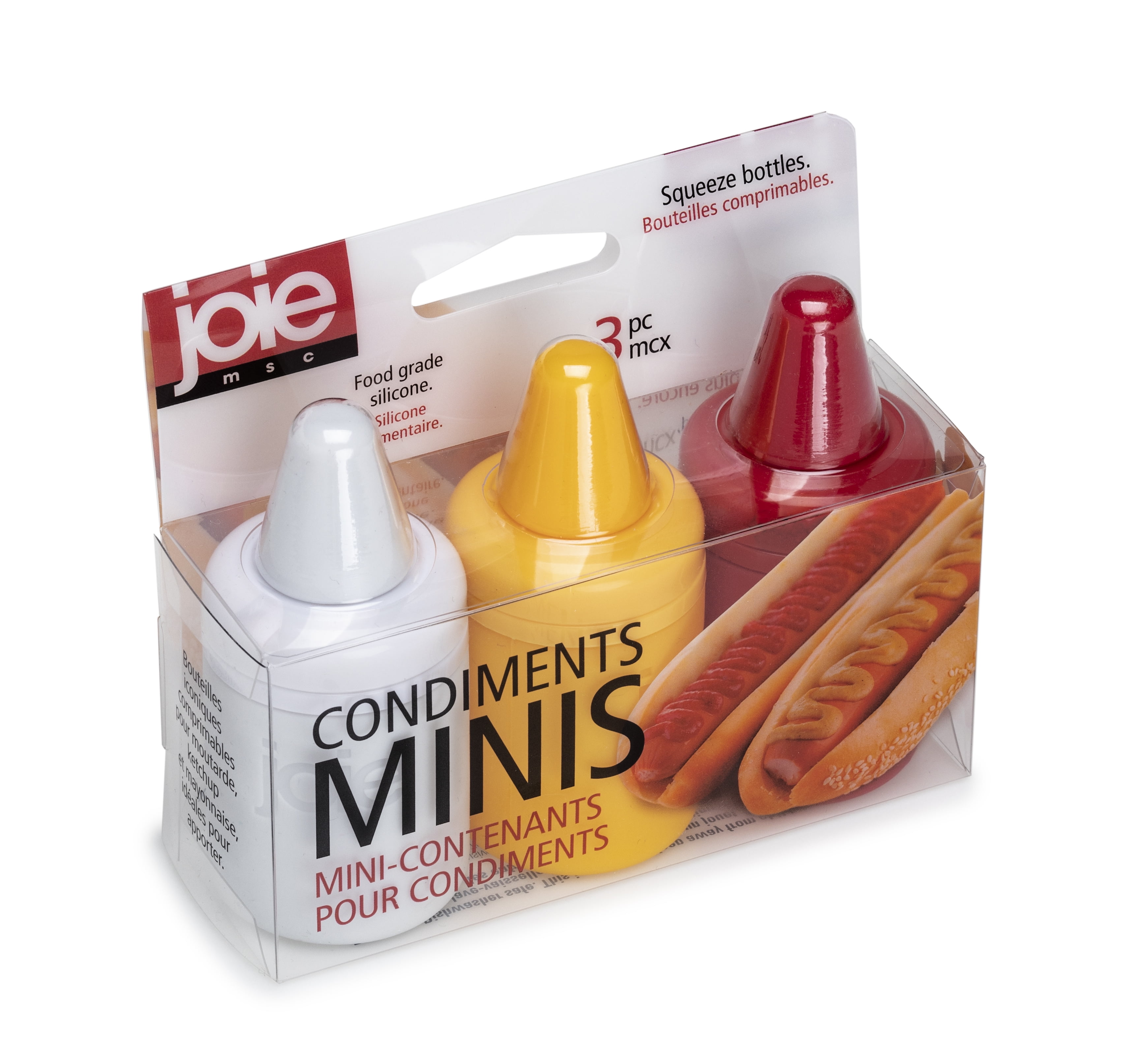 (3 pack) Joie Mini Condiment Containers, 3pc set. Refillable Red, White, and Yellow Bottles