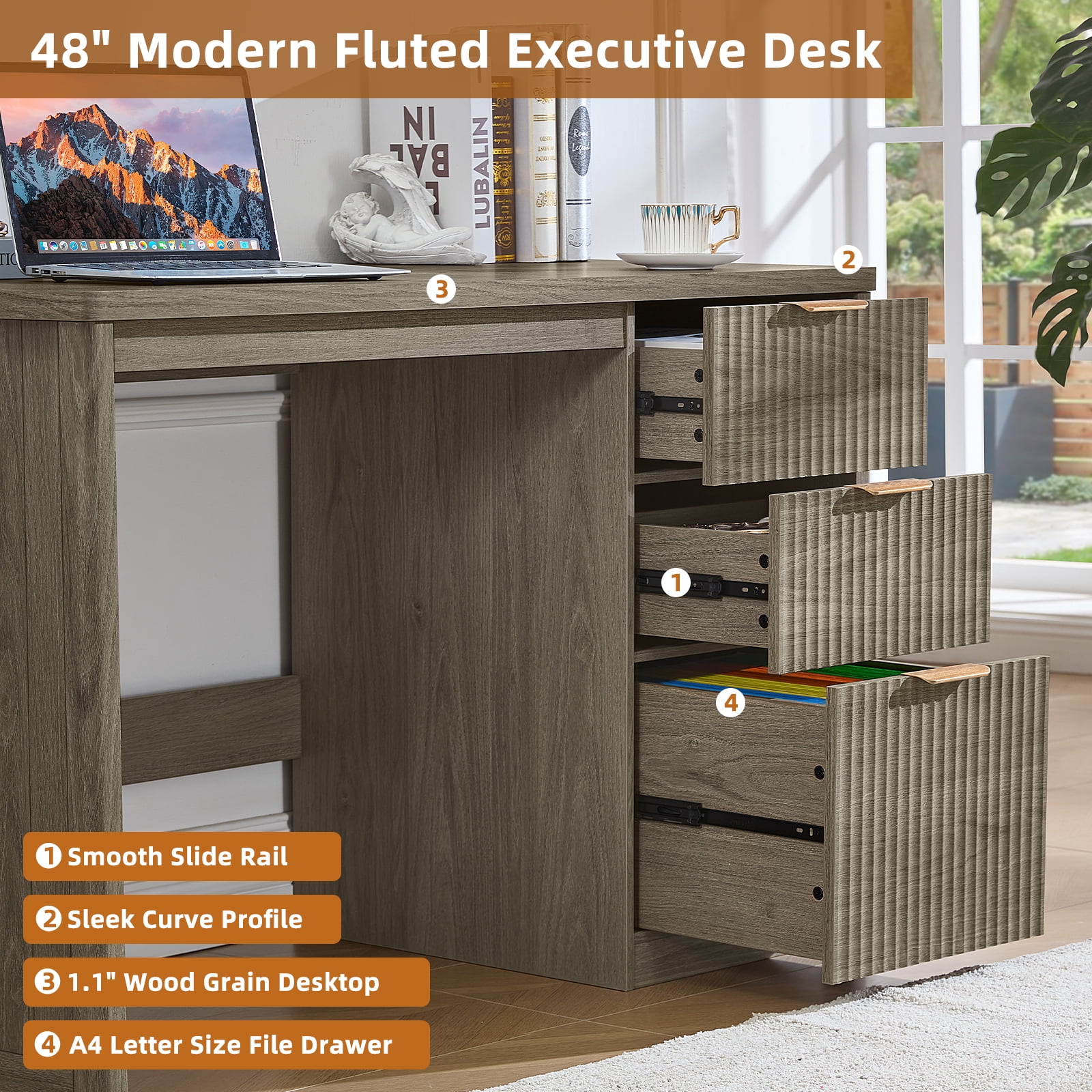 Leyaoyao 48" Fluted Computer Desk with 3 Drawers & Metal Handles, Modern Executive Desk, Writing Desk for Home Office Bedroom, Grey Oak