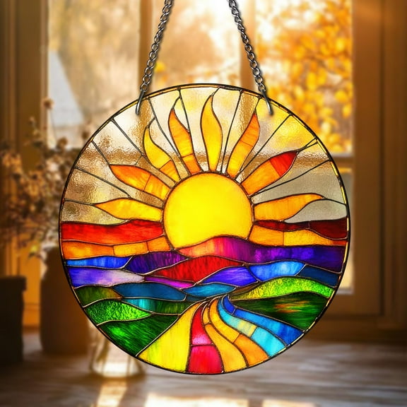 Colorful Sunrise STAINED GLASS Suncatcher Ã¢â‚¬â€œ Vibrant Landscape Window Hanging | Round Sun and Nature Art Panel | Boho Home Decor Gift